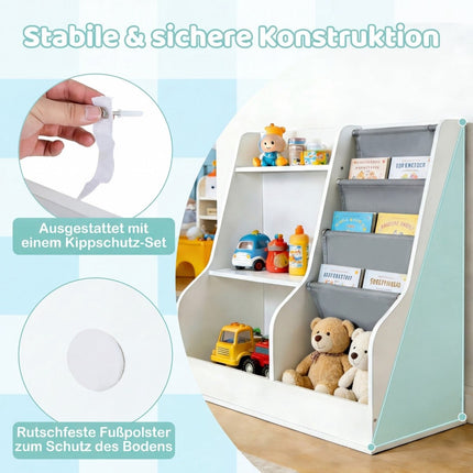 Bibliothèque pour enfants avec 3 compartiments à pochettes en tissu, blanche