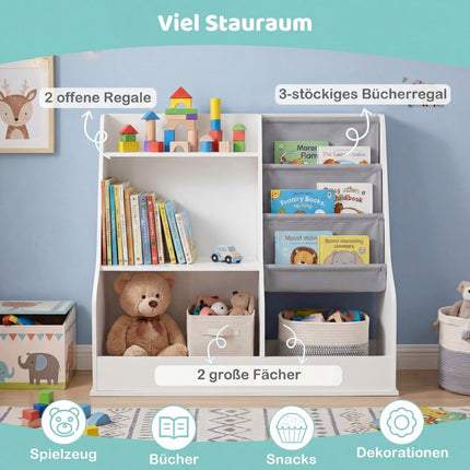 Bibliothèque pour enfants avec 3 compartiments à pochettes en tissu, blanche