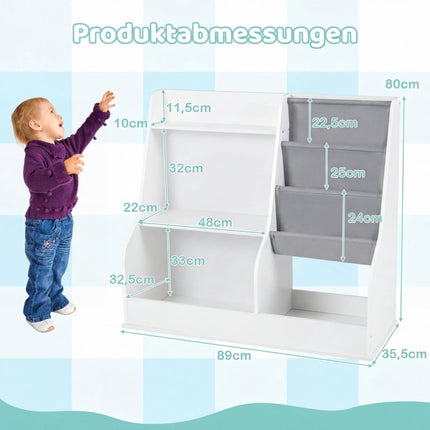 Bibliothèque pour enfants avec 3 compartiments à pochettes en tissu, blanche