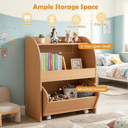 Bibliothèque pour enfants avec tiroir et étagères ouvertes, en bois naturel