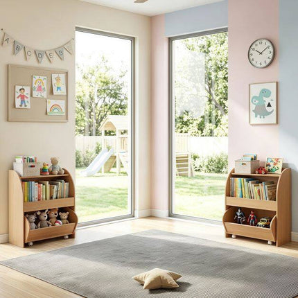Bibliothèque pour enfants avec tiroir et étagères ouvertes, en bois naturel