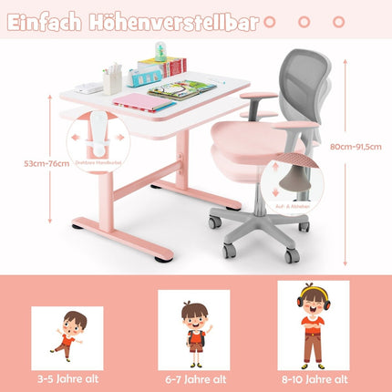Kinder-Computerstuhl mit verstellbarer Höhe und selbstblockierenden Rädern für Kinder von 3–10 Jahren, Rosa