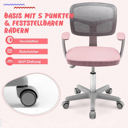 Kinder-Computerstuhl mit verstellbarer Höhe und selbstblockierenden Rädern für Kinder von 3–10 Jahren, Rosa