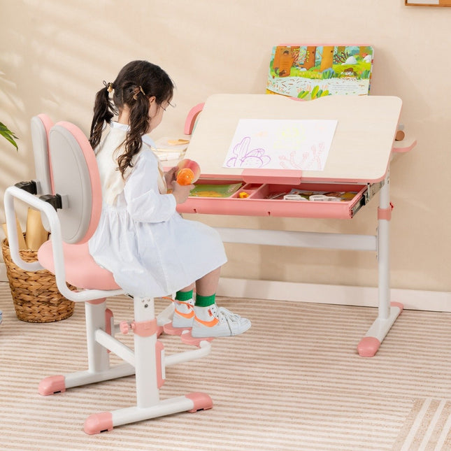 Kinderschreibtisch, 51–73 cm höhenverstellbar, Schülerschreibtisch mit neigbarer Tischplatte (rosa Tisch)