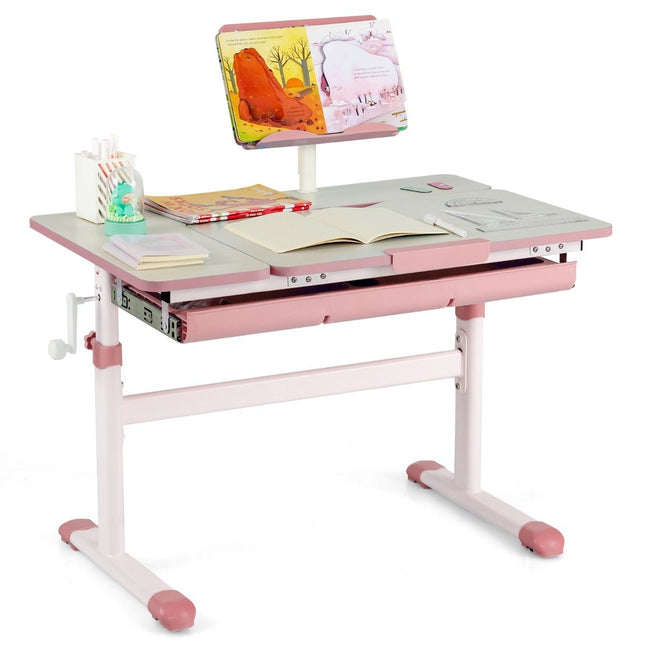 Kinderschreibtisch, 51–73 cm höhenverstellbar, Schülerschreibtisch mit neigbarer Tischplatte (rosa Tisch)