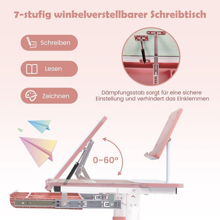 Kinderschreibtisch, 51–73 cm höhenverstellbar, Schülerschreibtisch mit neigbarer Tischplatte (rosa Tisch)