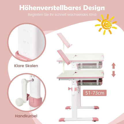 Kinderschreibtisch, 51–73 cm höhenverstellbar, Schülerschreibtisch mit neigbarer Tischplatte (rosa Tisch)