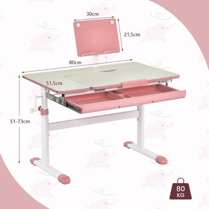 Kinderschreibtisch, 51–73 cm höhenverstellbar, Schülerschreibtisch mit neigbarer Tischplatte (rosa Tisch)