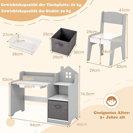 Kinder Schreibtisch- und Stuhl-Set mit Stauraum, Grau