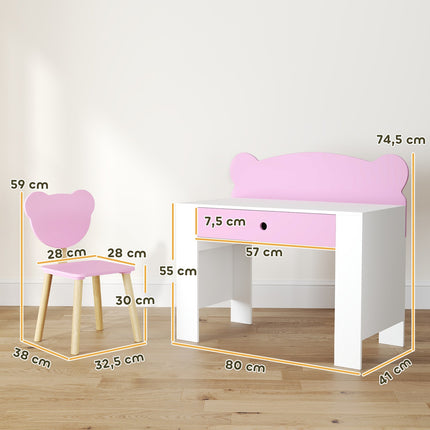 Ensemble bureau et chaise pour enfant, en forme d'ours, avec tiroir, pour écrire et bricoler, 3-8 ans, rose