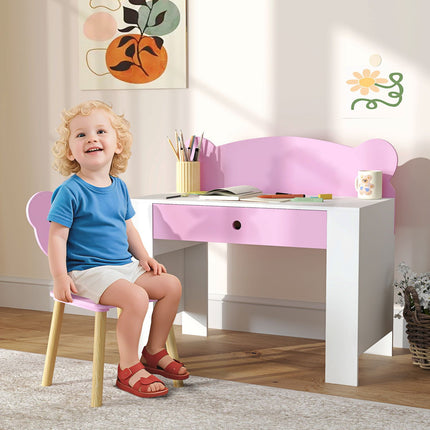 Ensemble bureau et chaise pour enfant, en forme d'ours, avec tiroir, pour écrire et bricoler, 3-8 ans, rose
