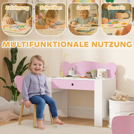 Ensemble bureau et chaise pour enfant, en forme d'ours, avec tiroir, pour écrire et bricoler, 3-8 ans, rose
