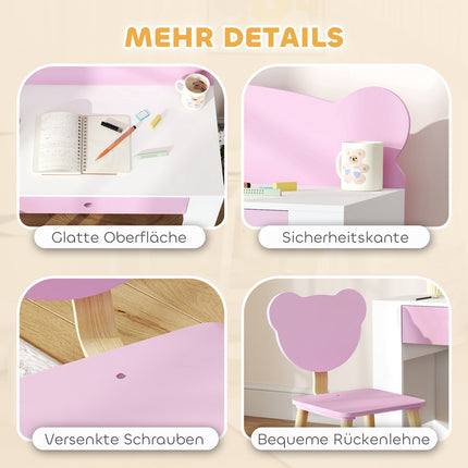 Ensemble bureau et chaise pour enfant, en forme d'ours, avec tiroir, pour écrire et bricoler, 3-8 ans, rose