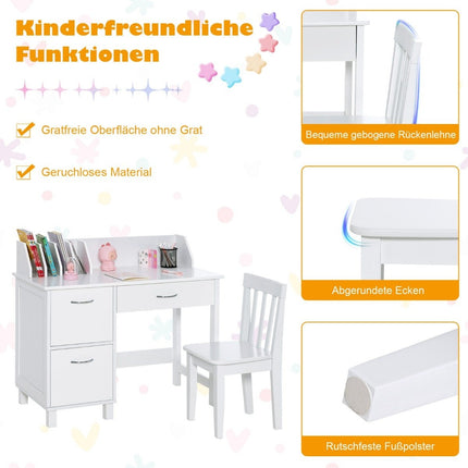 Kinderschreibtisch und Stuhlset, Lerntisch mit Schublade und Stauraum, Weiß