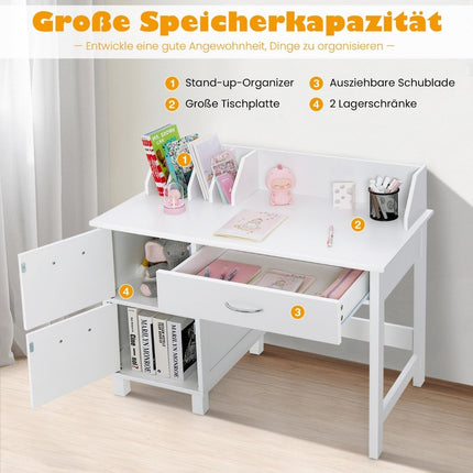 Kinderschreibtisch und Stuhlset, Lerntisch mit Schublade und Stauraum, Weiß