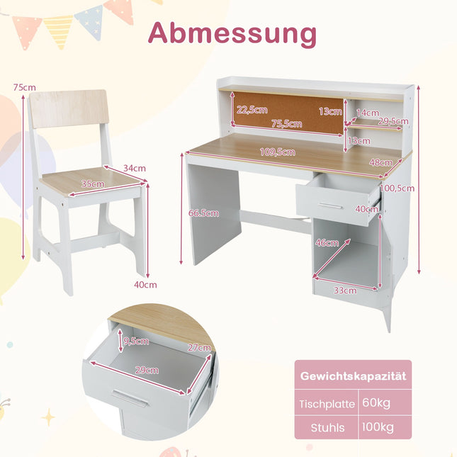 Ensemble bureau et chaise pour enfants avec étagères de rangement