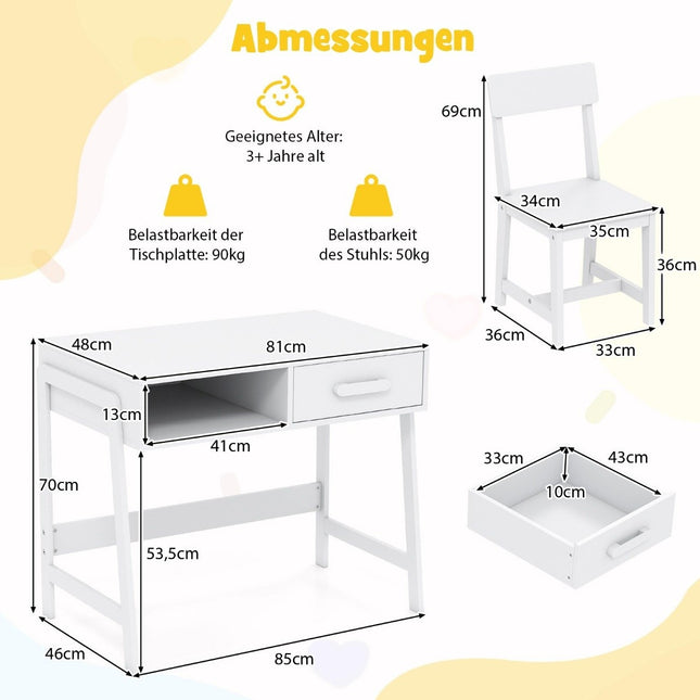 Ensemble bureau et chaise pour enfant avec rangement, blanc