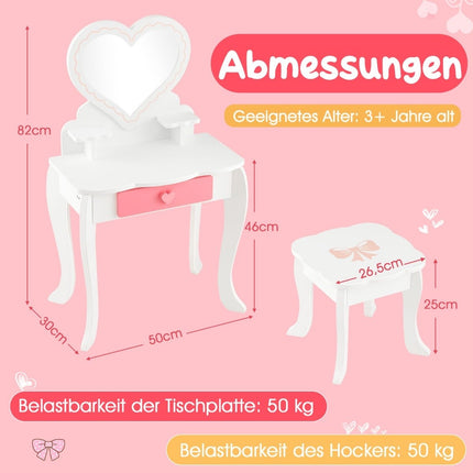 Ensemble de coiffeuse pour enfants avec miroir, tabouret, tiroir et accessoires en forme de cœur
