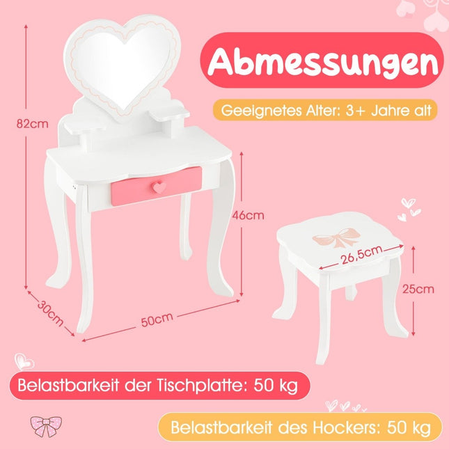 Ensemble de coiffeuse pour enfants avec miroir, tabouret, tiroir et accessoires en forme de cœur
