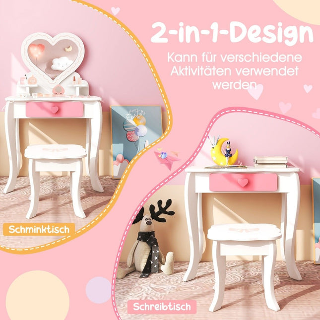 Ensemble de coiffeuse pour enfants avec miroir, tabouret, tiroir et accessoires en forme de cœur