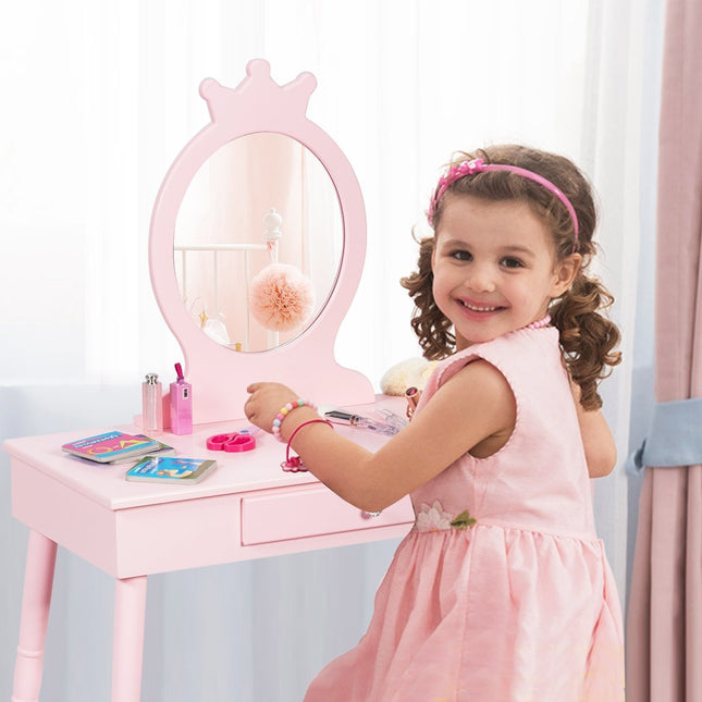 Ensemble coiffeuse pour enfants avec tabouret et table de maquillage miroir amovible rose