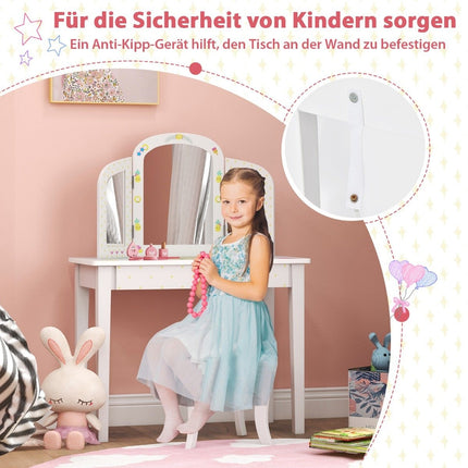 Ensemble coiffeuse et chaises pour enfants Coiffeuse pour enfants avec triple miroir pliant blanc