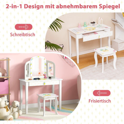 Ensemble coiffeuse et chaises pour enfants Coiffeuse pour enfants avec triple miroir pliant blanc
