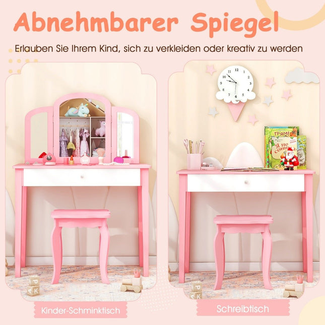 Ensemble coiffeuse et chaises pour enfants, ensemble coiffeuse avec miroir pliant et tiroir rose + blanc