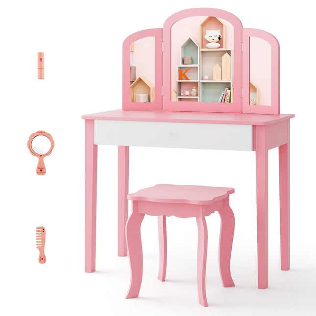 Ensemble coiffeuse et chaises pour enfants, ensemble coiffeuse avec miroir pliant et tiroir rose + blanc