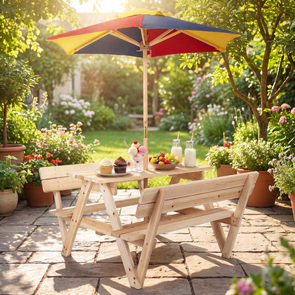 Picknicktisch-Set aus Tannenholz für Kinder mit verstellbarem Sonnenschirm