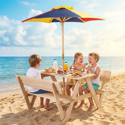 Picknicktisch-Set aus Tannenholz für Kinder mit verstellbarem Sonnenschirm