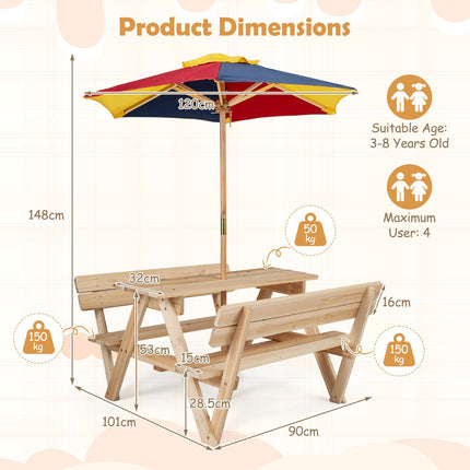 Picknicktisch-Set aus Tannenholz für Kinder mit verstellbarem Sonnenschirm