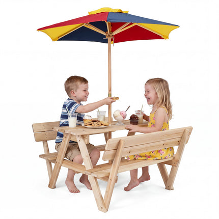 Picknicktisch-Set aus Tannenholz für Kinder mit verstellbarem Sonnenschirm