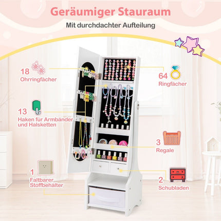 Armoire à bijoux pour enfants avec miroir pleine longueur, blanche