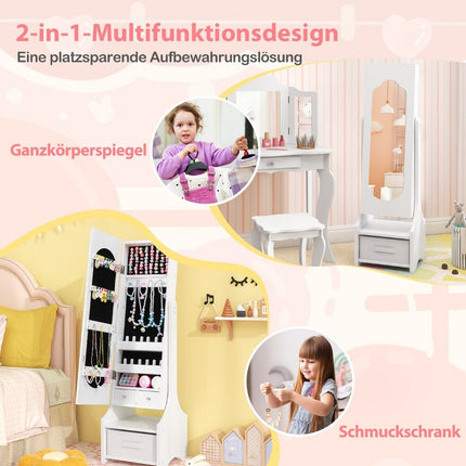 Armoire à bijoux pour enfants avec miroir pleine longueur, blanche