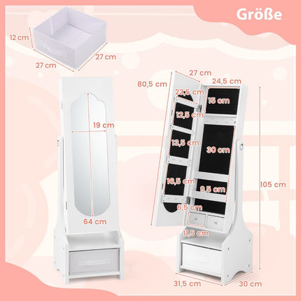 Armoire à bijoux pour enfants avec miroir pleine longueur, blanche