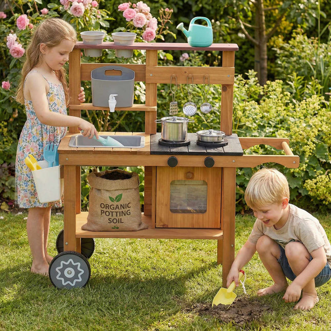 Cuisine d'extérieur pour enfants avec évier et roues, 3-6 ans