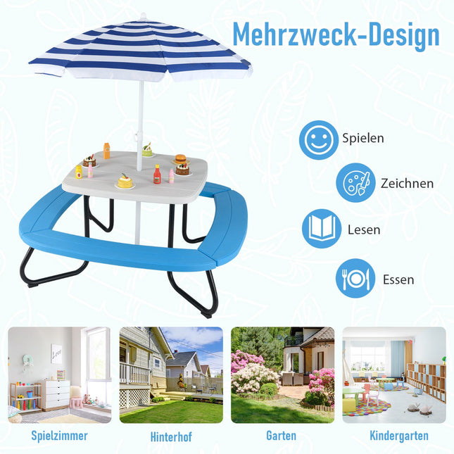 Table de pique-nique extérieure pour enfants avec parasol, 8 places assises