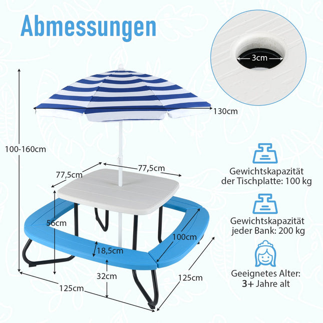 Table de pique-nique extérieure pour enfants avec parasol, 8 places assises