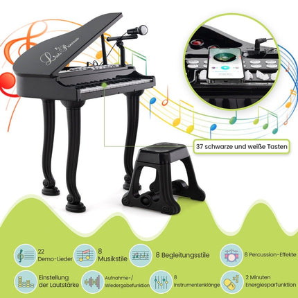 Piano pour enfants avec 37 touches et tabouret, piano jouet portable, 47 x 37 x 70 cm, noir