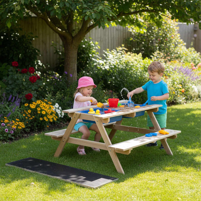 Table de pique-nique pour enfants avec tableau noir et bacs à sable