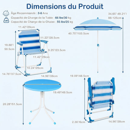 Ensemble table de pique-nique pour enfants avec parasol réglable, bleu