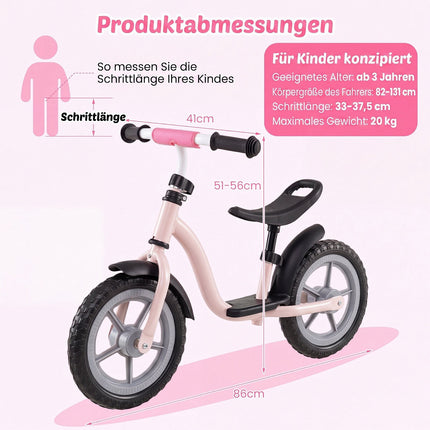 Draisienne rose pour enfants, selle et guidon réglables