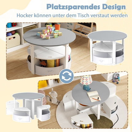 Ensemble table ronde pour enfants avec 4 tabourets de rangement, gris