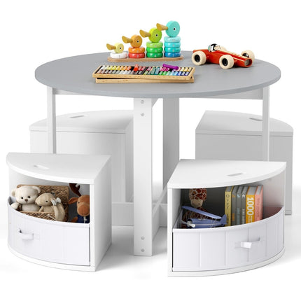Ensemble table ronde pour enfants avec 4 tabourets de rangement, gris