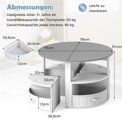 Ensemble table ronde pour enfants avec 4 tabourets de rangement, gris