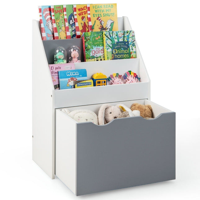 Étagère pour enfants avec 3 étagères et coffre à jouets roulant Bibliothèque pour enfants gris + blanc