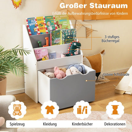 Kinderregal mit 3 Ablagen &amp; rollender Spielzeugkiste Kinderbücherregal Grau + Weiß