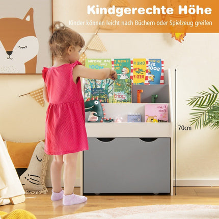 Kinderregal mit 3 Ablagen &amp; rollender Spielzeugkiste Kinderbücherregal Grau + Weiß