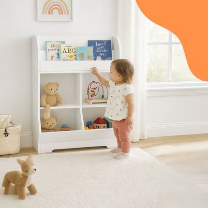 Kinderregal mit 4 Fächern und 2 Bücherablagen